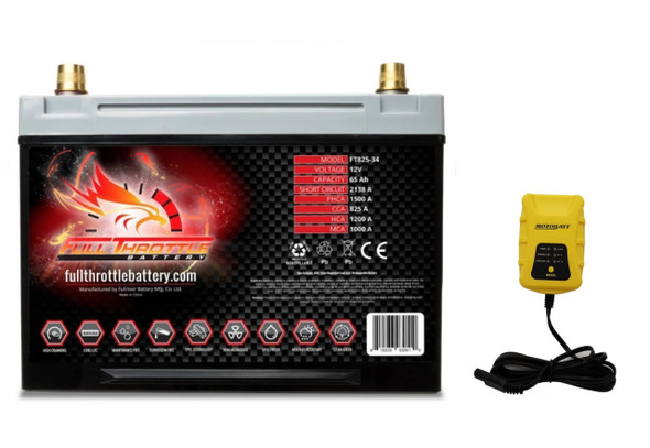 Fullriver FT825-34 65Ah 825 CCA AGM Battery bundle with MotoBatt PDCT1 12V/6V 1A Charger