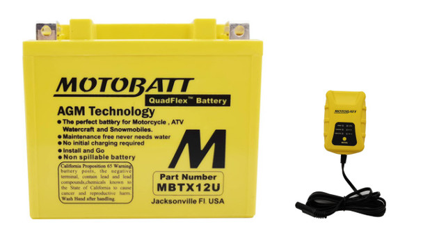 MotoBatt MBTX12U 14Ah AGM Battery bundle with MotoBatt PDCT1 12V/6V 1A Charger