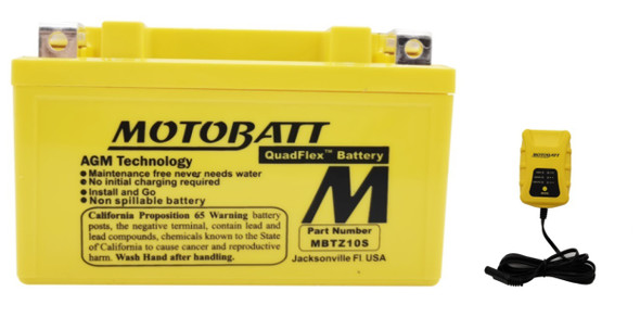 MotoBatt MBTZ10S 8.6Ah 190 CCA AGM Battery bundle with MotoBatt PDCT1 12V/6V 1A Charger