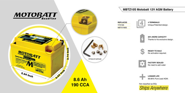 MotoBatt MBTZ10S 8.6Ah 190 CCA AGM Battery bundle with MotoBatt PDCT1 12V/6V 1A Charger