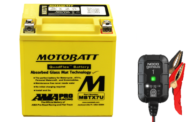 MotoBatt MBTX7U 8Ah 115 CCA AGM Battery bundle with NOCO GENIUS1 6V/12V 1A Charger