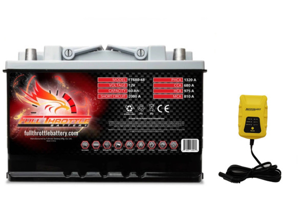 Fullriver FT680-48 60Ah 680 CCA AGM Battery bundle with MotoBatt PDCT1 12V/6V 1A Charger
